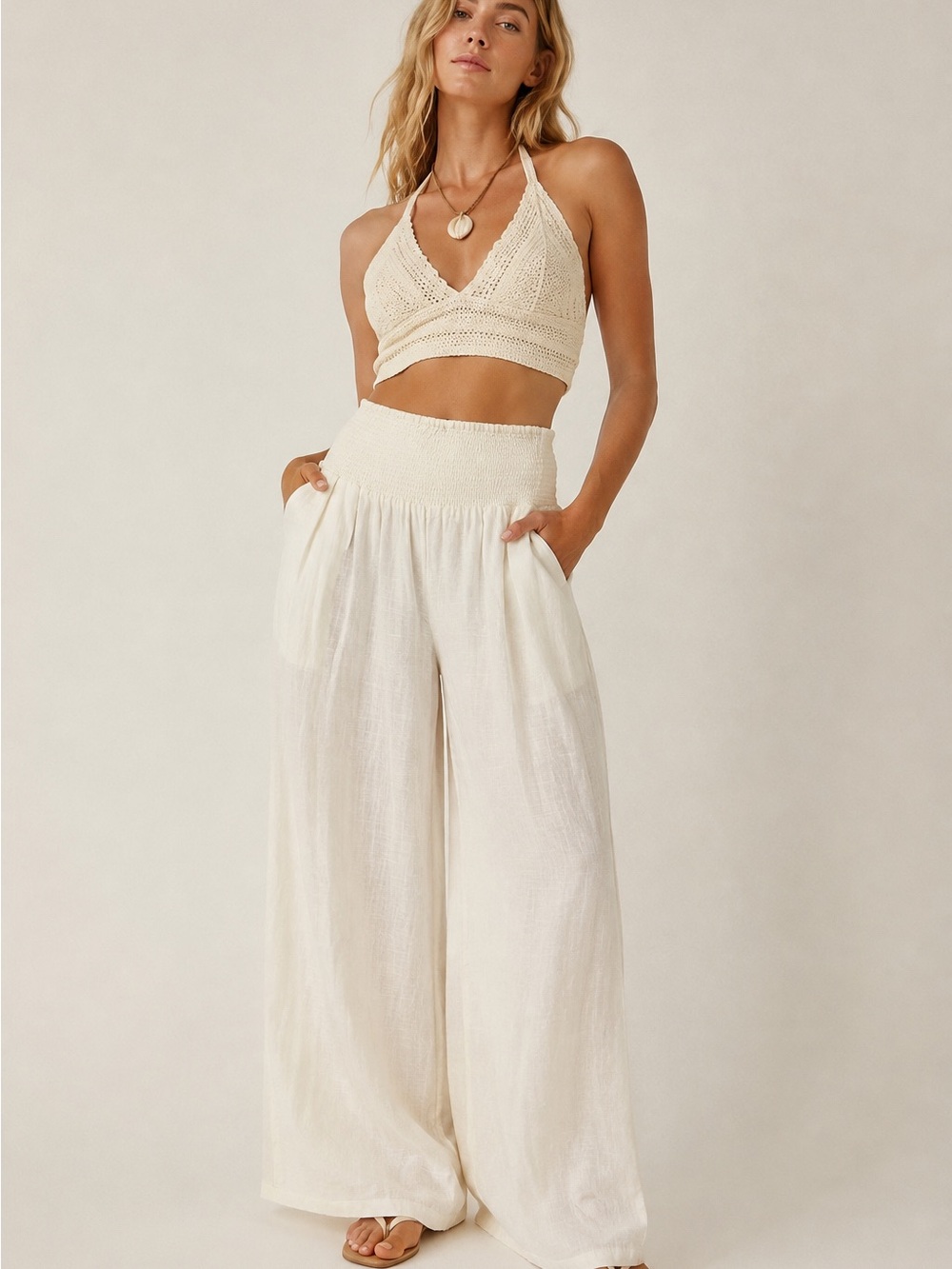 NWT Aakaa White Linen Blend Wide Leg Pants Smocked High Waist Resort Boho